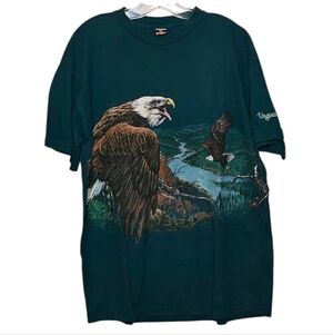 Vintage Teal Green All Over Nature Print Bald Eagles Cotton T-shirt men's Large